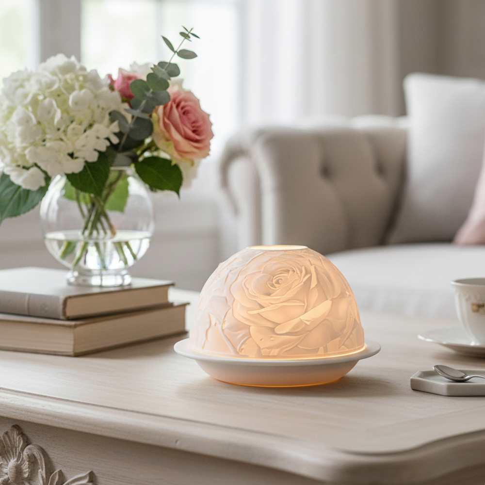 Candle Holder Decor - エレガントなローズ柄の磁器製キャンドルホルダー、温かみのある夜の光、リビングルーム、寝室、ロマンチックな結婚式の装飾、奉納用ティーライト、ギフトに