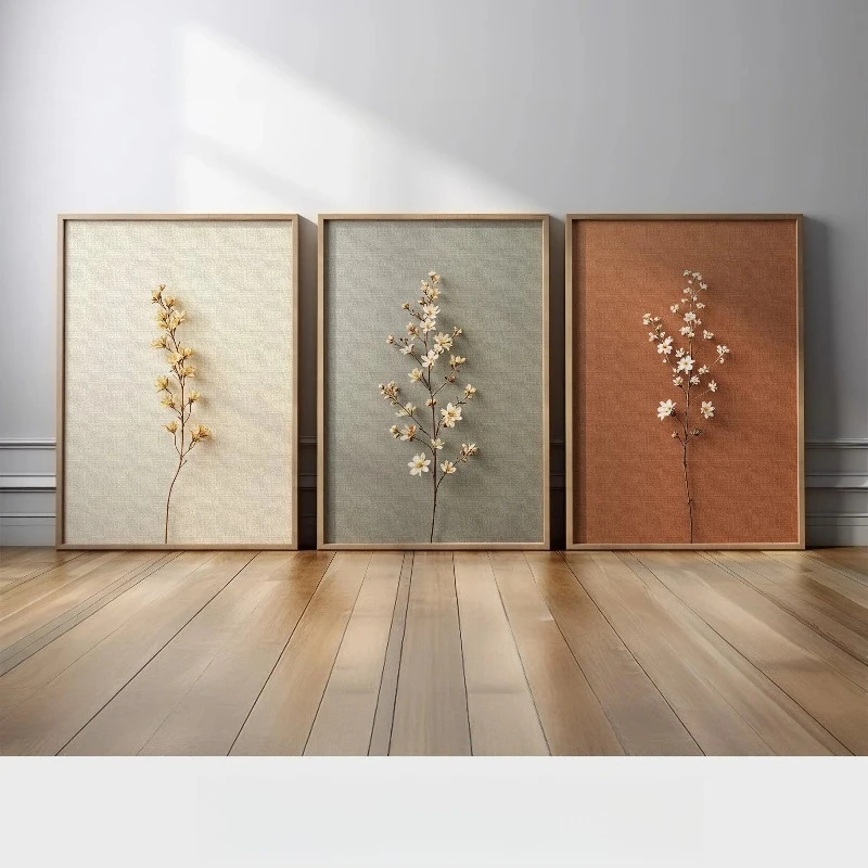 Abstract Canvas Set - 複数のサイズから選べる、フレームなしのキャンバス絵画3枚セット。ミニマルなニュートラルカラーの花と植物のキャンバスプリント。独特の花の模様が特徴。