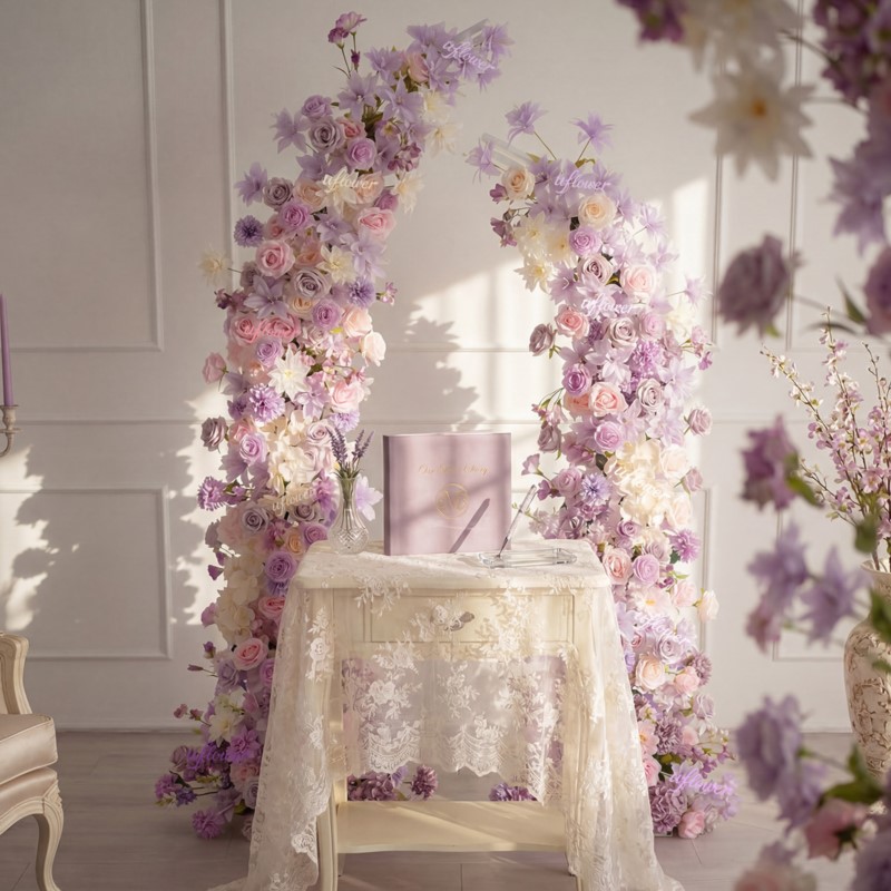 Table Runner - 5D Uフラワー パープルピンクのユリ造花 ウェディングイベントアーチ装飾 テーブルフラワーランナー ウィンドウディスプレイ