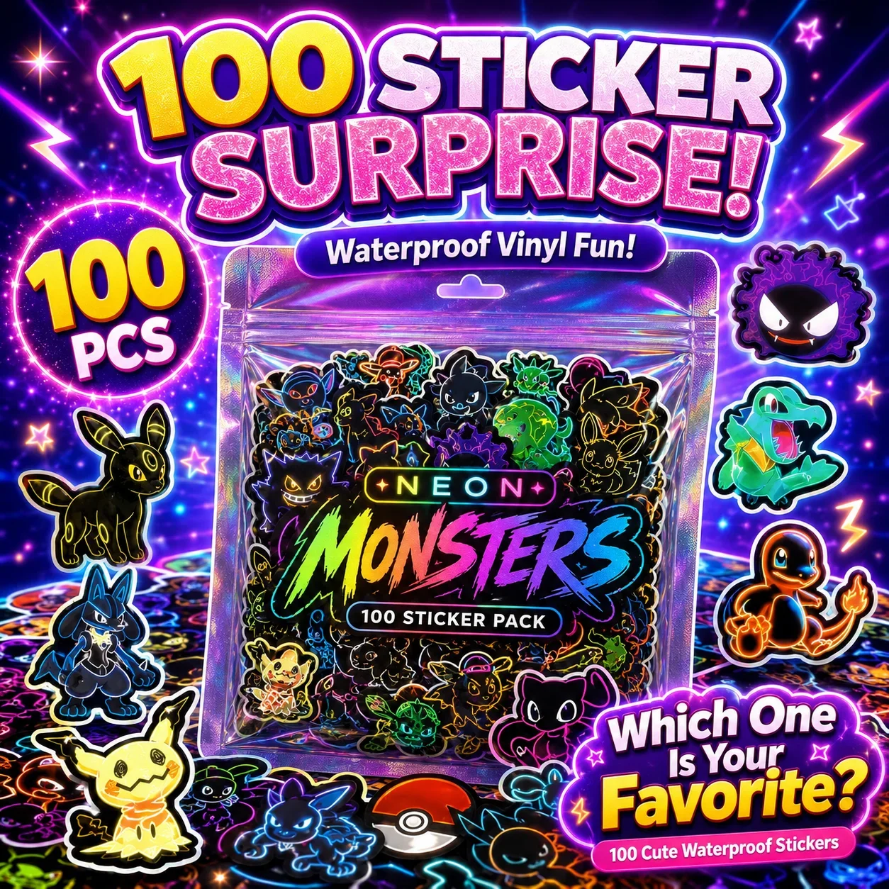 Wall Sticker - 100個入り ネオンカラー ポケモン ステッカー 防水 DIY