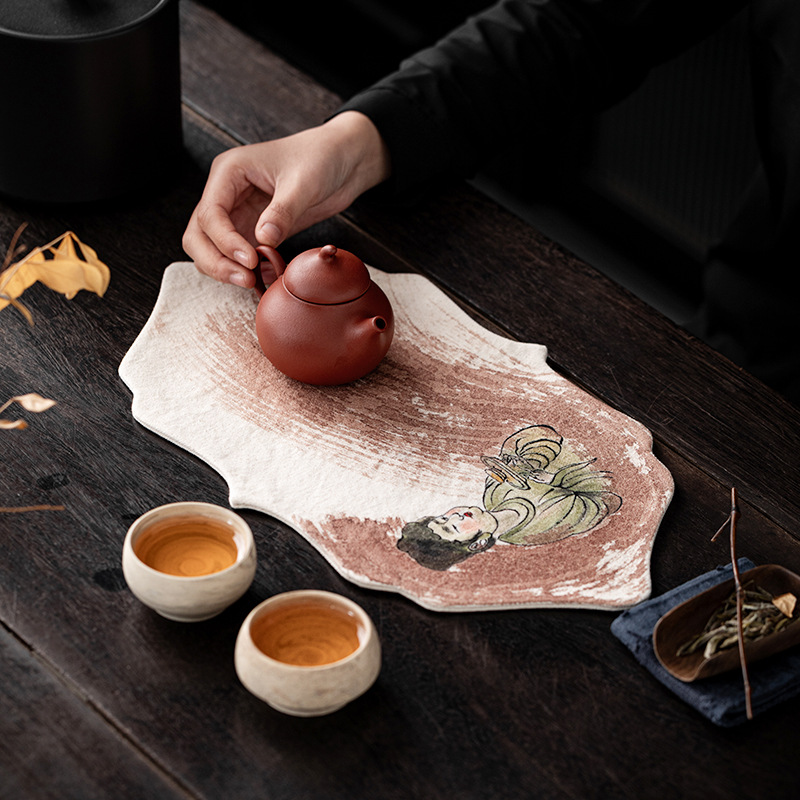 手描きの柿染め禅風防水ティーマット、古風な絵画模様の茶布、茶 - Table Runner のレビューと価格