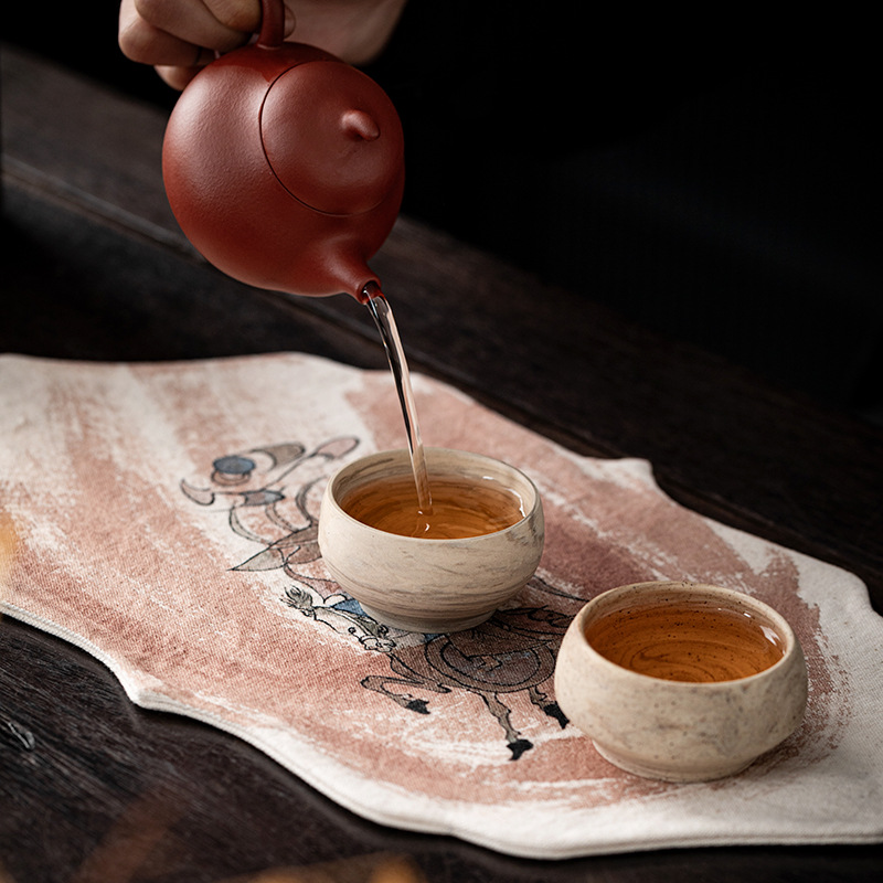 手描きの柿染め禅風防水ティーマット、古風な絵画模様の茶布、茶 - Table Runner のレビューと価格