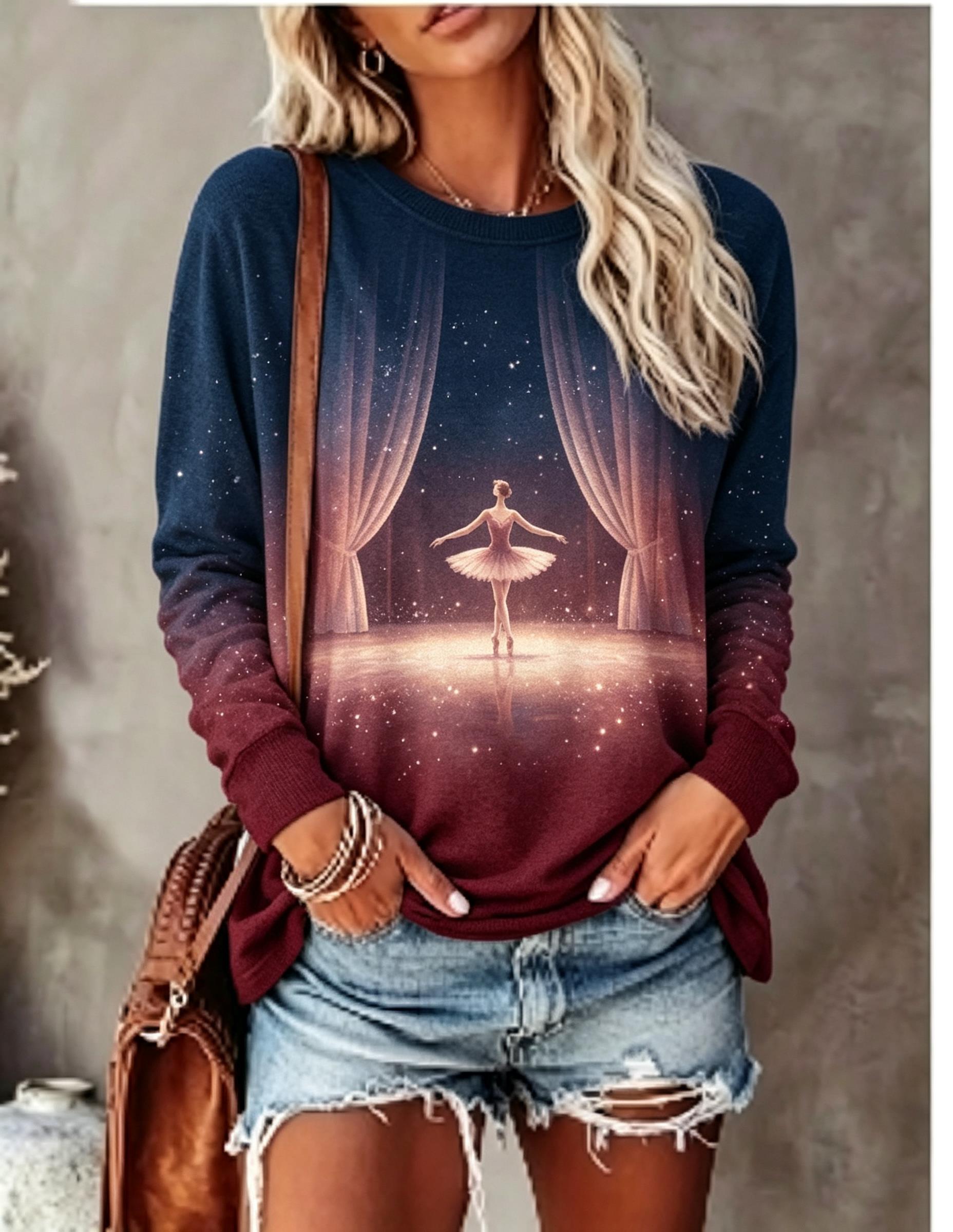 女性用長袖Tシャツ バレエダンサー ステージカーテン スター - Curtain Curtain のレビューと価格