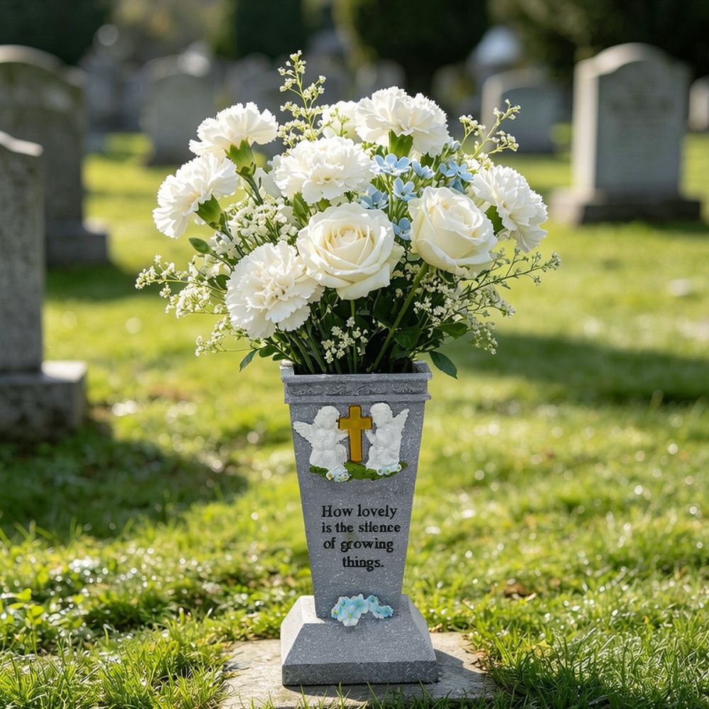 樹脂製のソーラークロス（十字架）天使の墓石型花瓶。屋外用で、 - Vase Decor のレビューと価格